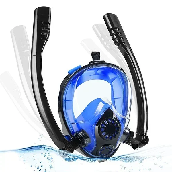 Full Face Snorkel Mask Ολοπρόσωπη Μάσκα Θάλασσας με 2 Αναπνευστήρες & Βάση για Action Camera HJKB K2 - Μπλε S/M