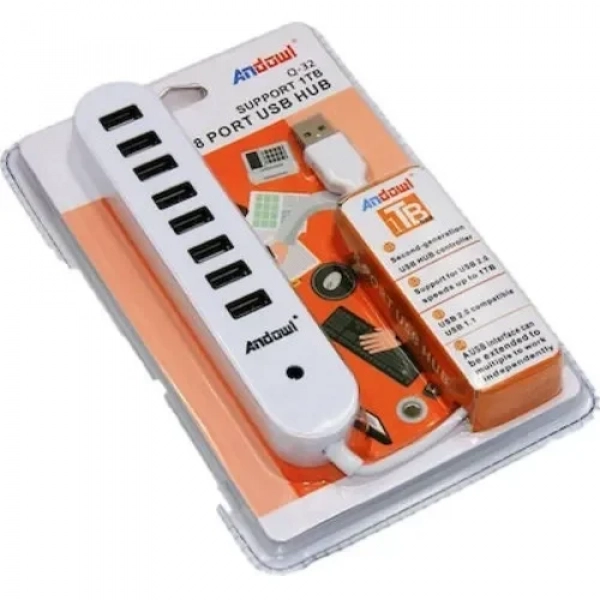 Andowl Q-32 USB 2.0 Hub 8 Θυρών με σύνδεση USB-A & Θύρα Φόρτισης - Λευκό