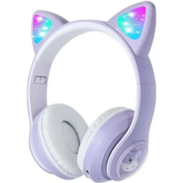 Παιδικά Ακουστικά Πτυσσόμενα Bluetooth με φωτισμό LED Cat 2 σε 1 Ενσύρματο/Ασύρματο - Μωβ