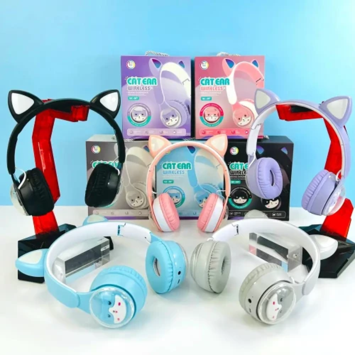 Παιδικά Ακουστικά Πτυσσόμενα Bluetooth με φωτισμό LED Cat 2 σε 1 Ενσύρματο/Ασύρματο - Μωβ