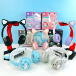 Παιδικά Ακουστικά Πτυσσόμενα Bluetooth με φωτισμό LED Cat 2 σε 1 Ενσύρματο/Ασύρματο - Μωβ