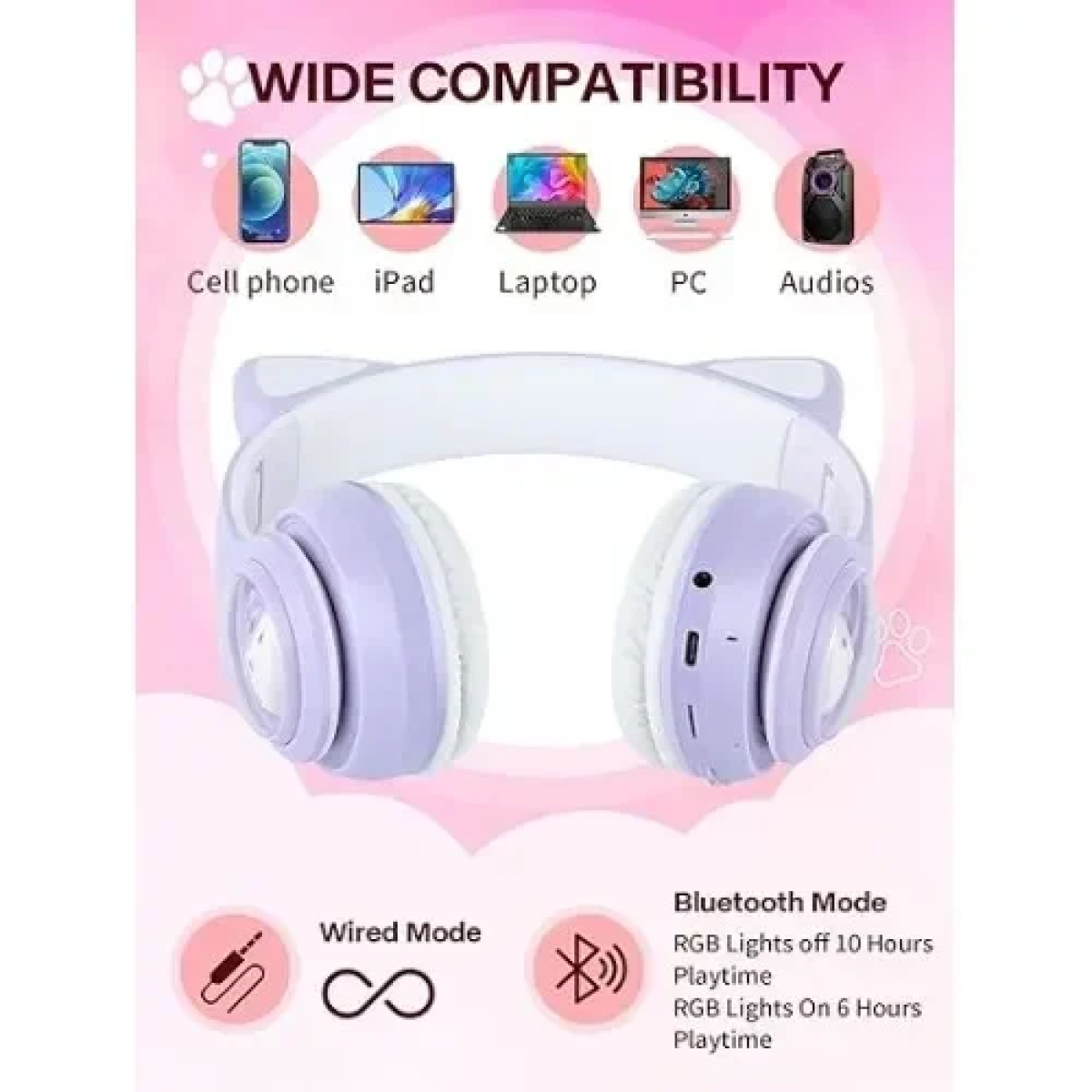 Παιδικά Ακουστικά Πτυσσόμενα Bluetooth με φωτισμό LED Cat 2 σε 1 Ενσύρματο/Ασύρματο - Μωβ