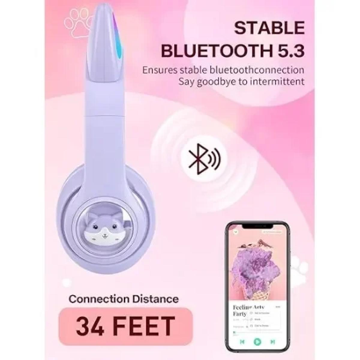 Παιδικά Ακουστικά Πτυσσόμενα Bluetooth με φωτισμό LED Cat 2 σε 1 Ενσύρματο/Ασύρματο - Μωβ