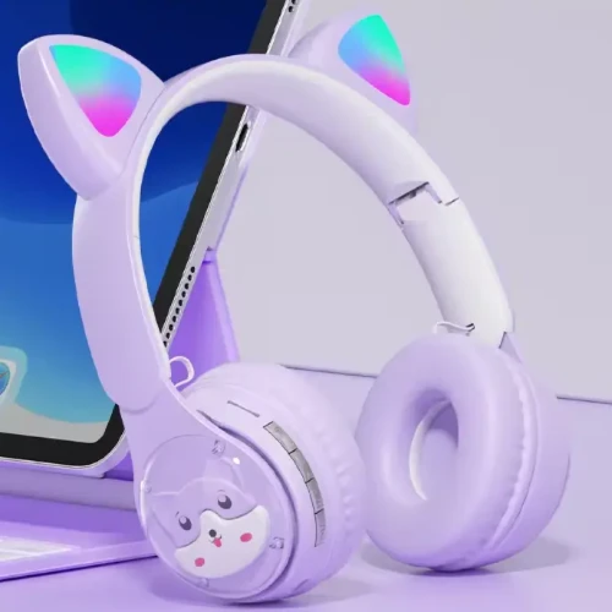 Παιδικά Ακουστικά Πτυσσόμενα Bluetooth με φωτισμό LED Cat 2 σε 1 Ενσύρματο/Ασύρματο - Μωβ