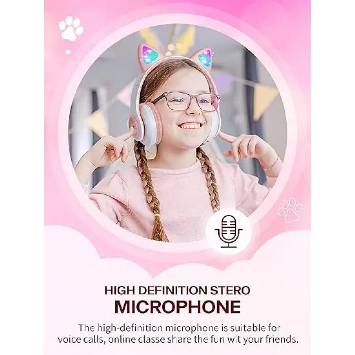 Παιδικά Ακουστικά Πτυσσόμενα Bluetooth με φωτισμό LED Cat 2 σε 1 Ενσύρματο/Ασύρματο - Ροζ
