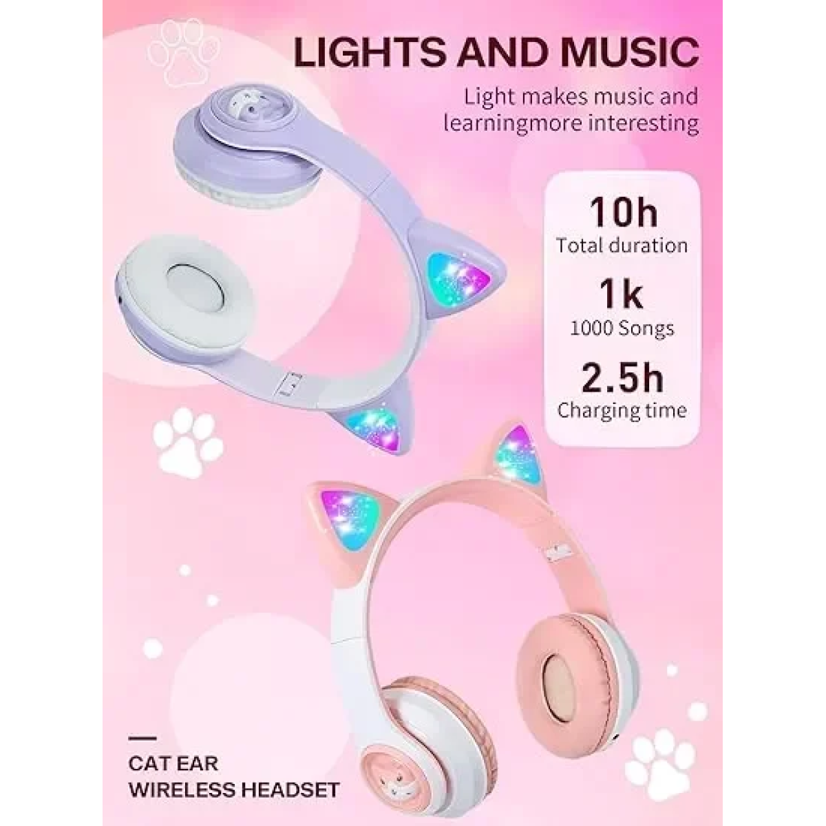 Παιδικά Ακουστικά Πτυσσόμενα Bluetooth με φωτισμό LED Cat 2 σε 1 Ενσύρματο/Ασύρματο - Ροζ