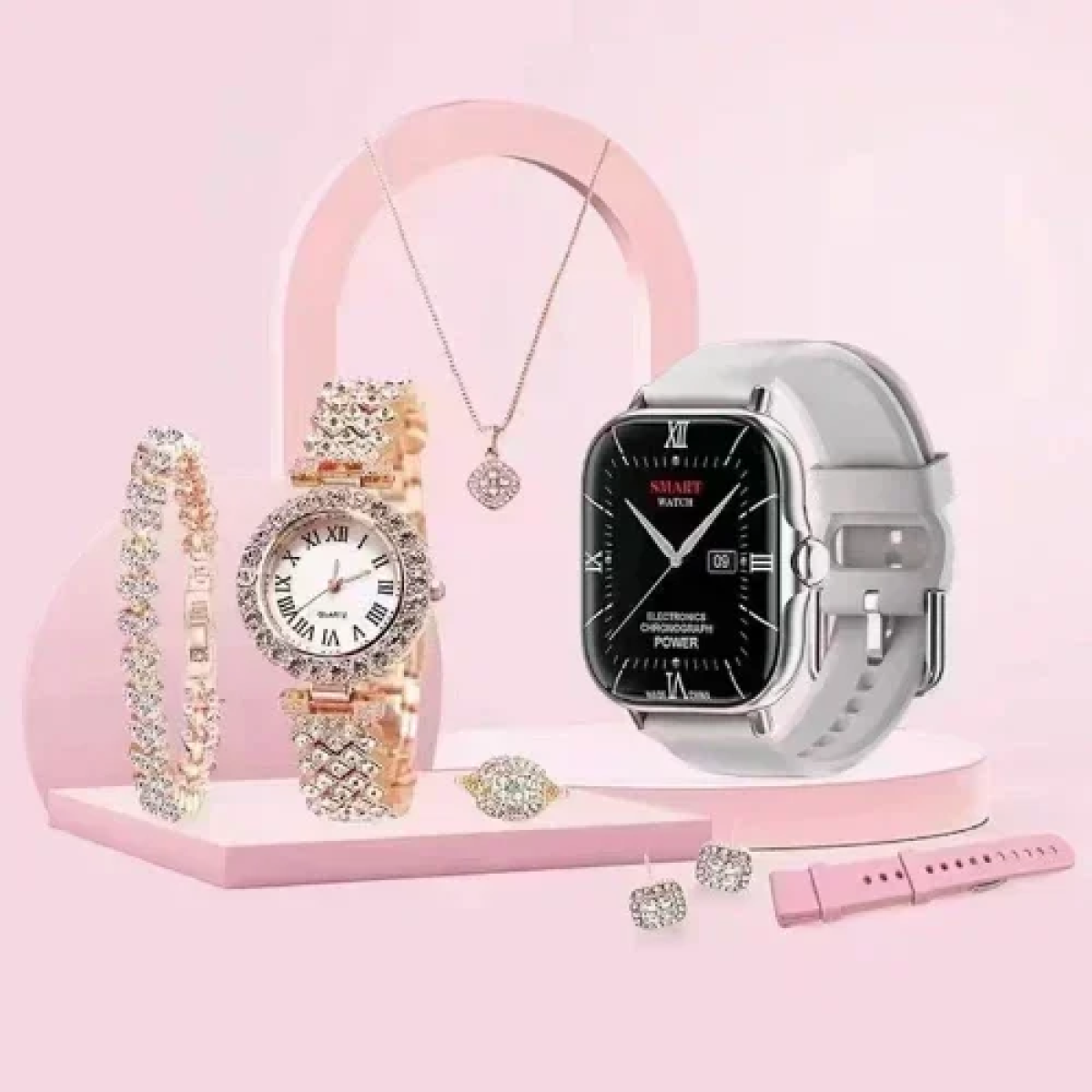 A58 Smartwatch 5 σε 1 με σετ χρυσών κοσμημάτων - Γκρι/Ροζ