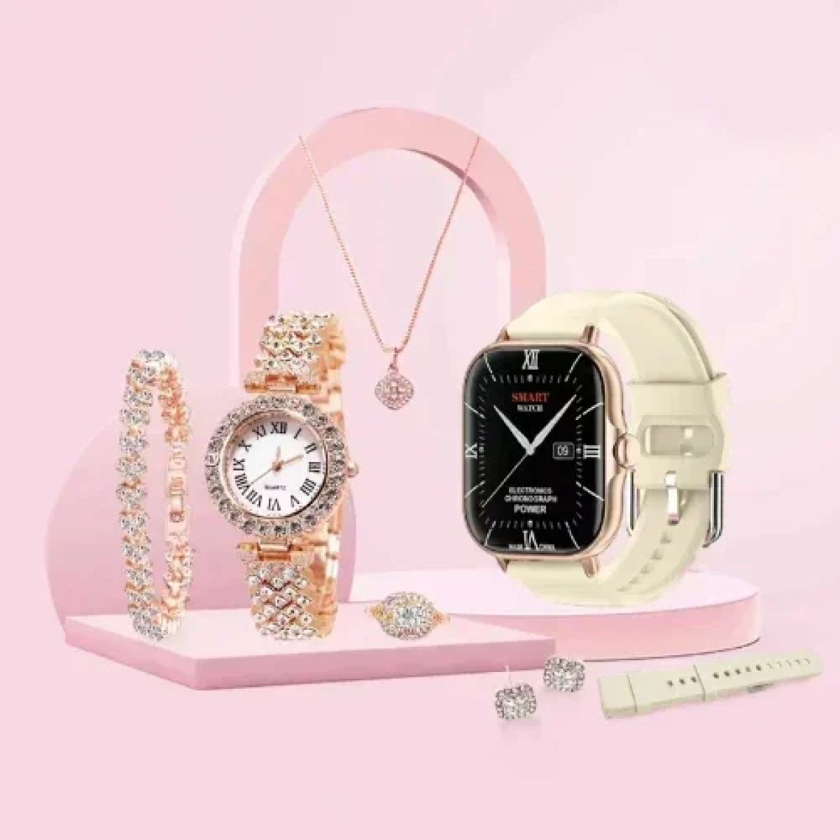 A58 Smartwatch 5 σε 1 με σετ χρυσών κοσμημάτων - Μπεζ