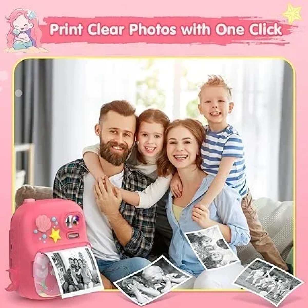 Instant Παιδική Φωτογραφική Μηχανή με Θερμικό Χαρτί και Δωράκια - Γοργόνα Ροζ