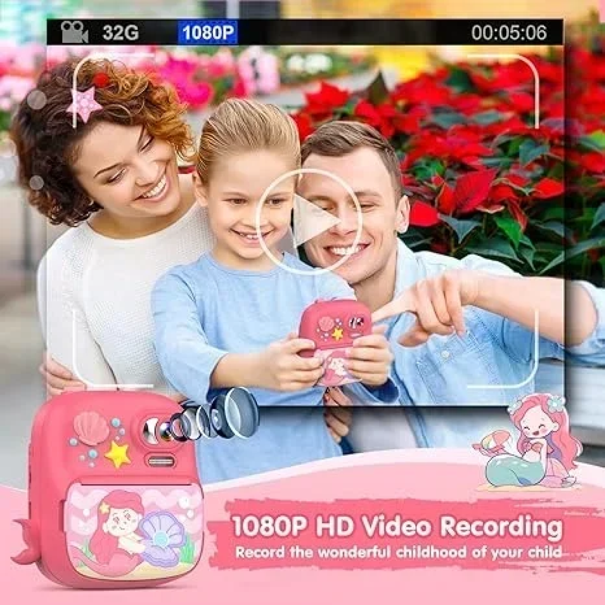 Instant Παιδική Φωτογραφική Μηχανή με Θερμικό Χαρτί και Δωράκια - Γοργόνα Ροζ