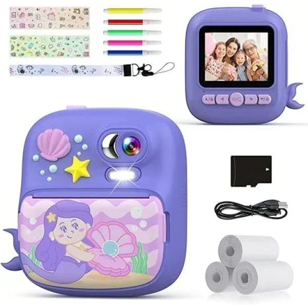 Instant Παιδική Φωτογραφική Μηχανή με Θερμικό Χαρτί και Δωράκια - Γοργόνα Μωβ