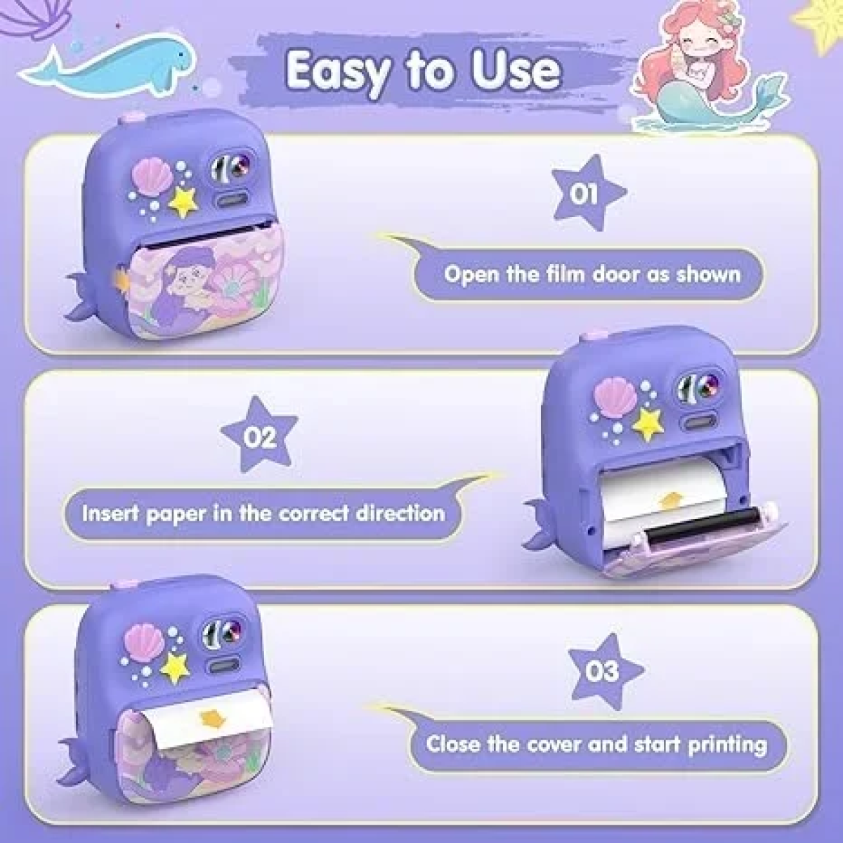 Instant Παιδική Φωτογραφική Μηχανή με Θερμικό Χαρτί και Δωράκια - Γοργόνα Μωβ
