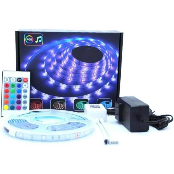 Ταινία LED Τροφοδοσίας 12V RGB Μήκους 5m Σετ με Τηλεχειριστήριο και Τροφοδοτικό