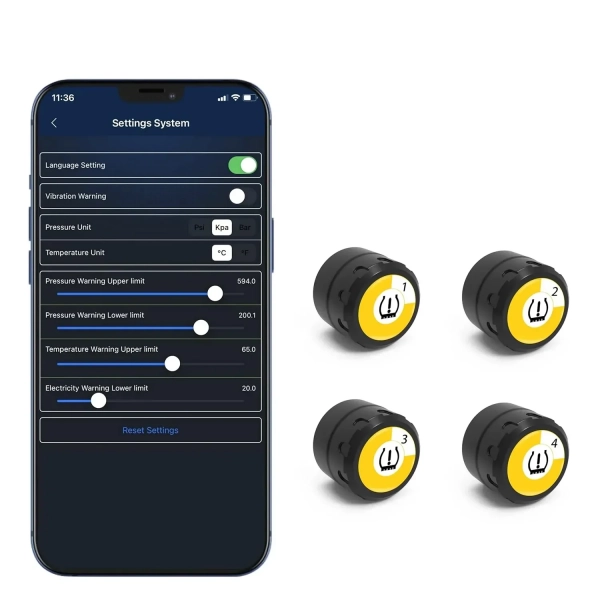 Σύστημα Παρακολούθησης Πίεσης Ελαστικών Bluetooth 4 αισθητήρες TPMS & 5 λειτουργίες συναγερμού