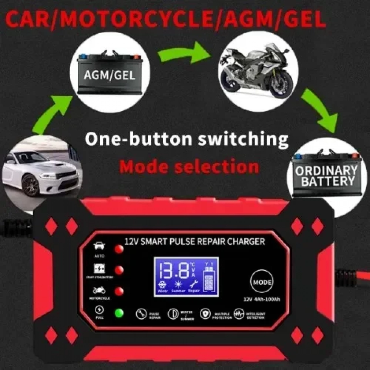 Φορτιστής μπαταρίας αυτοκινήτου 12V Andowl Q-DP1520 Κόκκινο