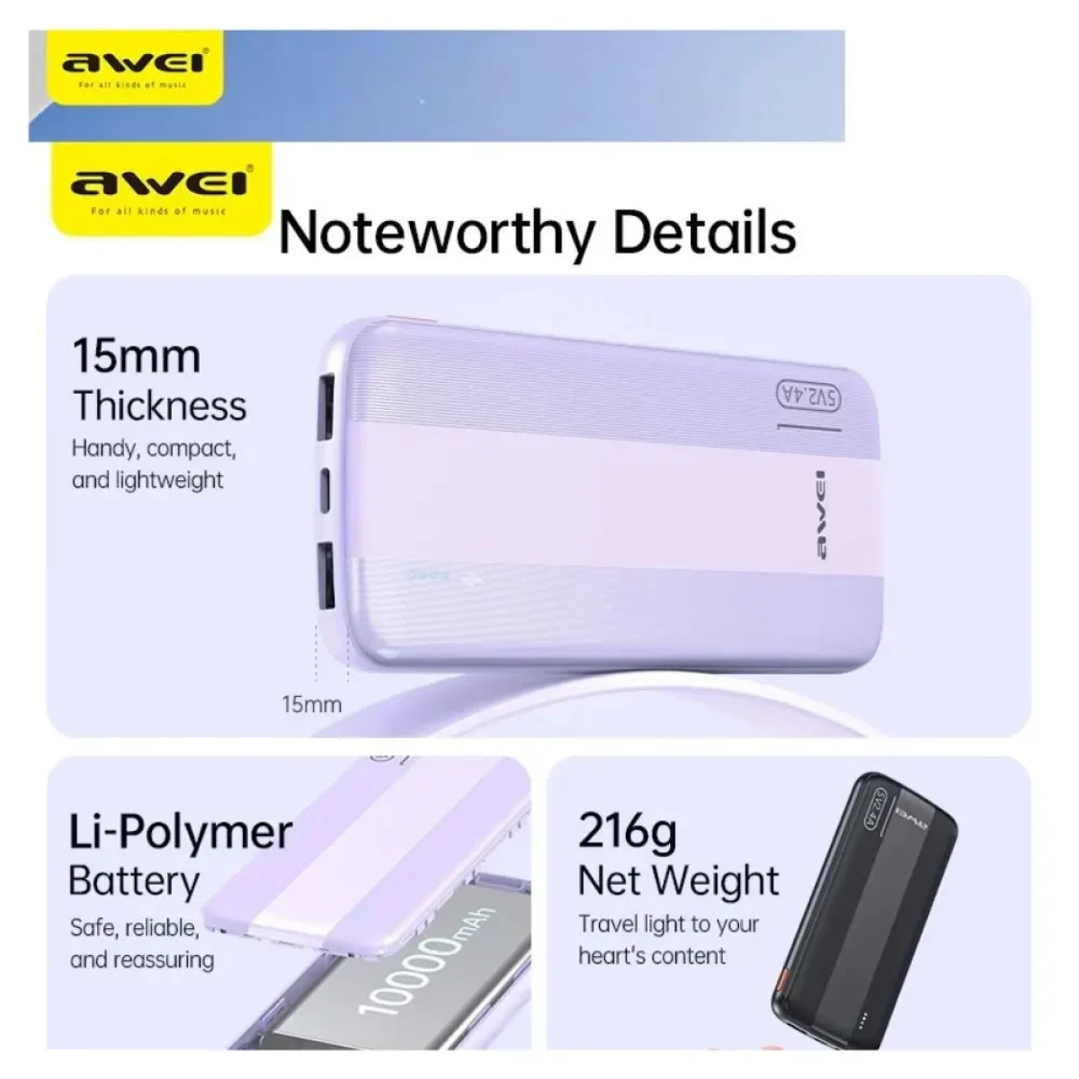 Awei P20K Power Bank 10000mAh, Λευκό - Photo2