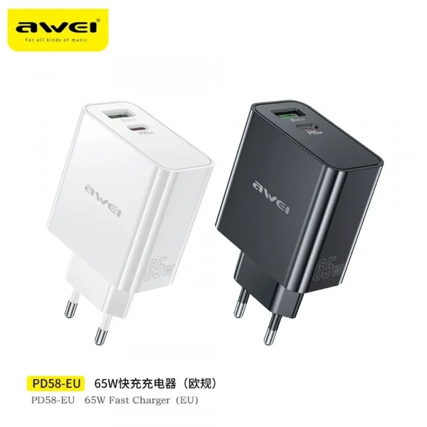 Awei PD58 Φορτιστής PD+QC Γρήγορης Φόρτισης USB & USB-C, 65W, GaN, Λευκός - Photo1