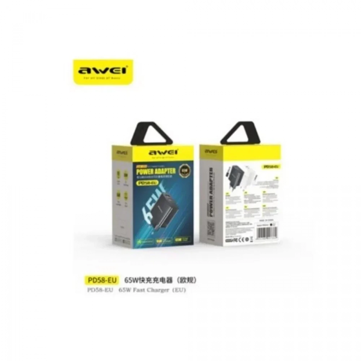 Awei PD58 Φορτιστής PD+QC Γρήγορης Φόρτισης USB & USB-C, 65W, GaN, Μαύρο - Photo2