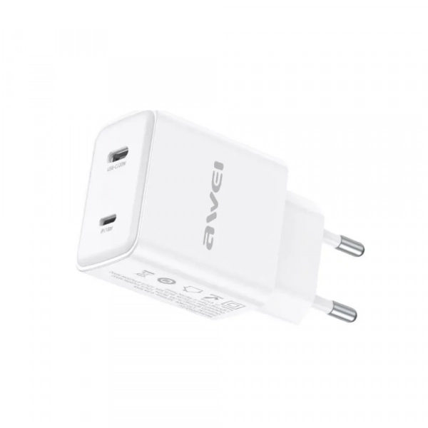 Awei PD62 Γρήγορος Φορτιστής 20W με Θύρες USB-C & Lightning, Λευκό - Photo1