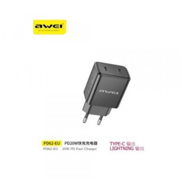 Awei PD62 Γρήγορος Φορτιστής 20W με Θύρες USB-C & Lightning, Μαύρο - Photo1