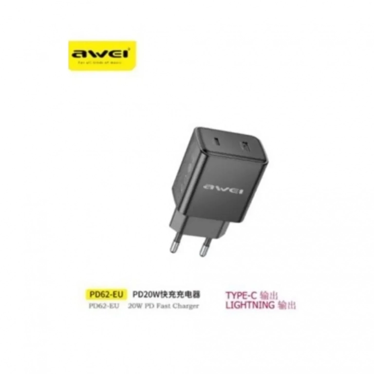 Awei PD62 Γρήγορος Φορτιστής 20W με Θύρες USB-C & Lightning, Μαύρο - Photo1