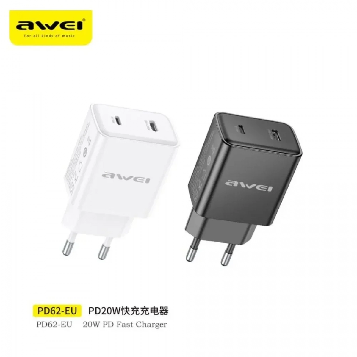 Awei PD62 Γρήγορος Φορτιστής 20W με Θύρες USB-C & Lightning, Μαύρο - Photo2