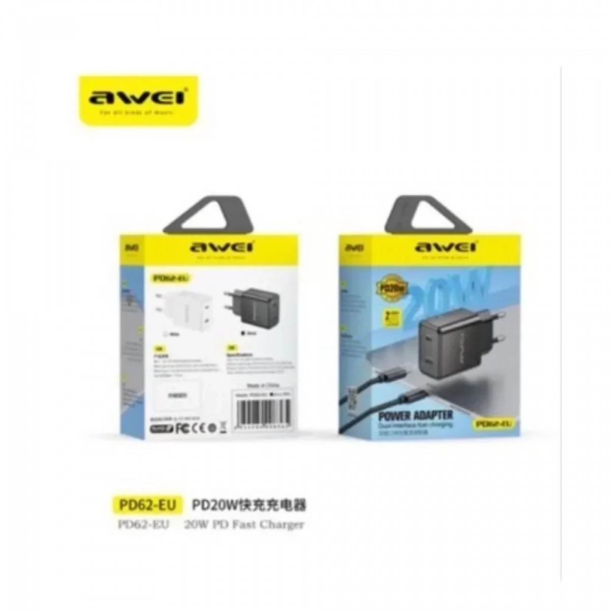Awei PD62 Γρήγορος Φορτιστής 20W με Θύρες USB-C & Lightning, Μαύρο - Photo3
