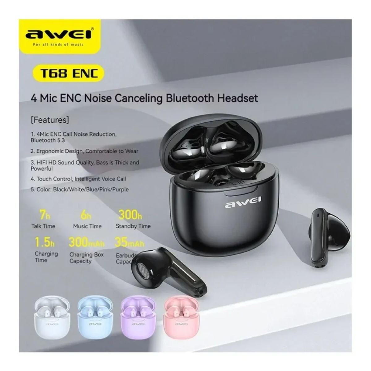 Awei T68 ENC Earbud Bluetooth Handsfree Ακουστικά με Θήκη Φόρτισης Μπλε - Photo3