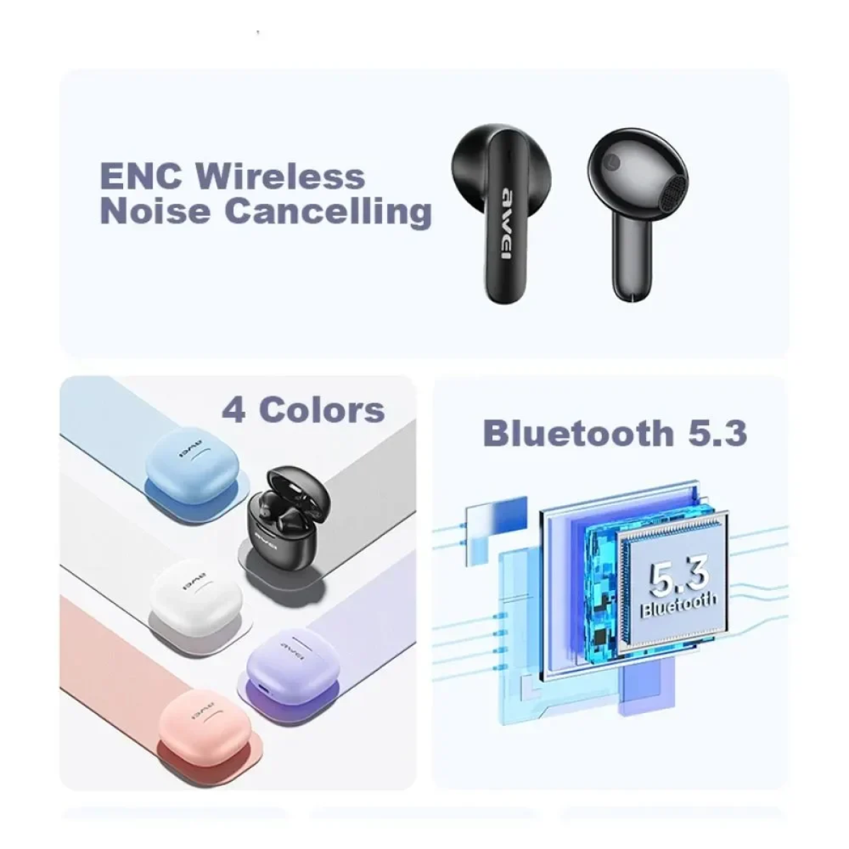 Awei T68 ENC Earbud Bluetooth Handsfree Ακουστικά με Θήκη Φόρτισης Λευκά - Photo4