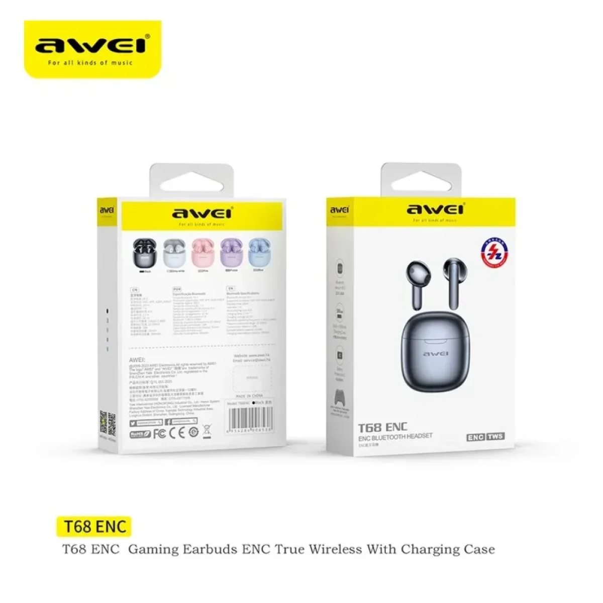 Awei T68 ENC Earbud Bluetooth Handsfree Ακουστικά με Θήκη Φόρτισης Μαύρα - Photo2
