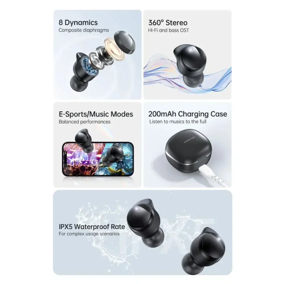 Awei-T78 In-ear Ασύρματα Ακουστικά Bluetooth 5.3 με Θήκη Φόρτισης - Μαύρο - Photo3