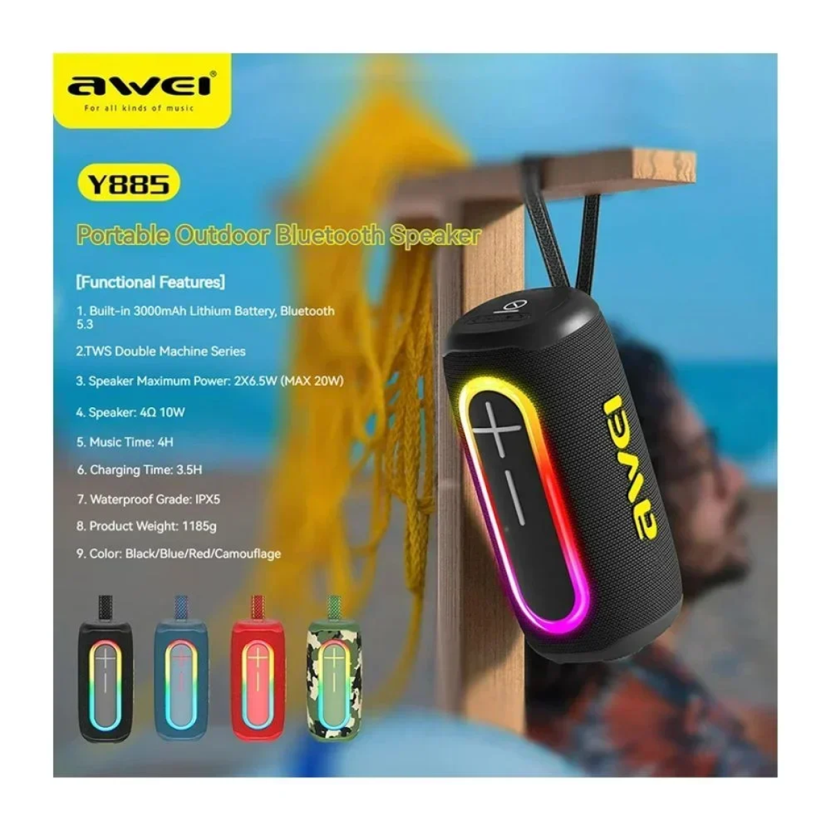 Φορητό Ηχείο Bluetooth Awei Y885 με LED, Μπλε