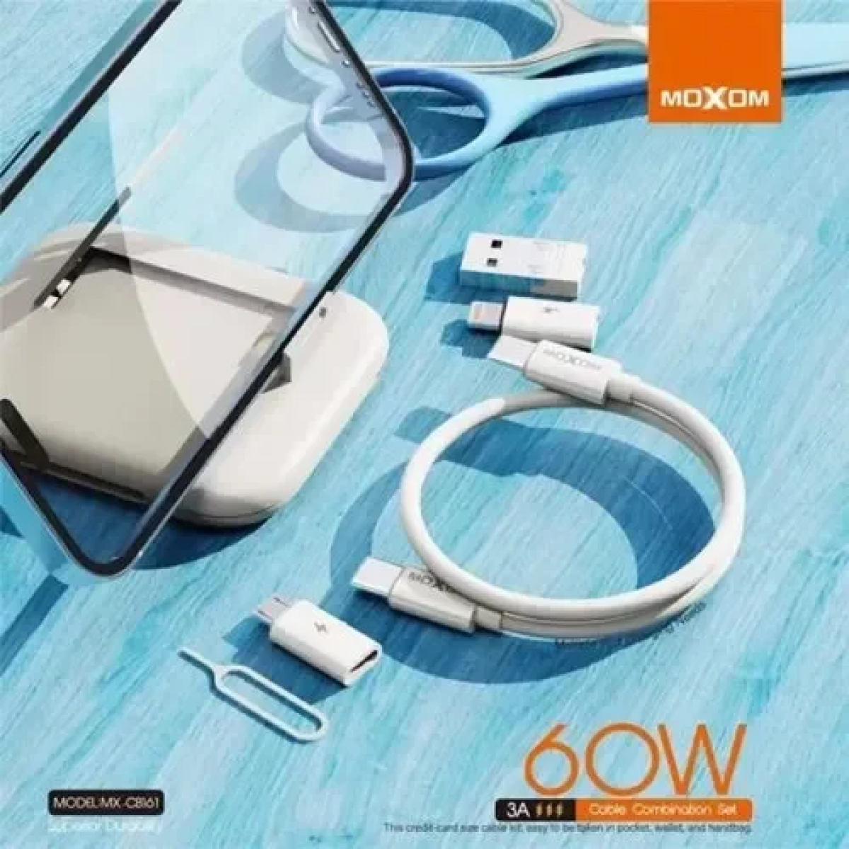 Σετ καλώδιο φόρτισης Type C 60W με 3 αντάπτορες usb σε θήκη Moxom MX-CB161 λευκό - Image 4