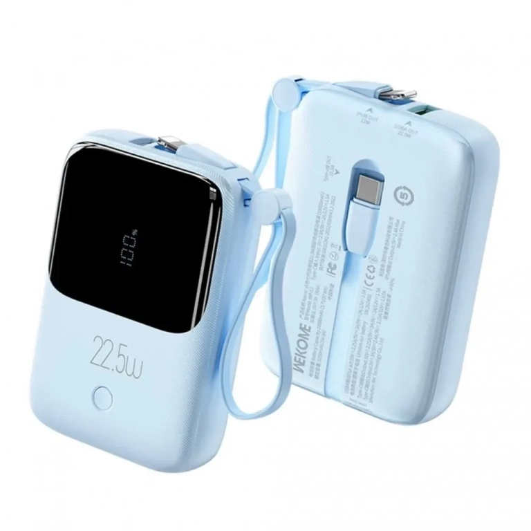 Wekome WP-53 Power Bank Γρήγορης Φόρτισης με 2 Ενσωματωμένα Καλώδια - 10000mAh 22.5W, Γαλάζιο - Photo1