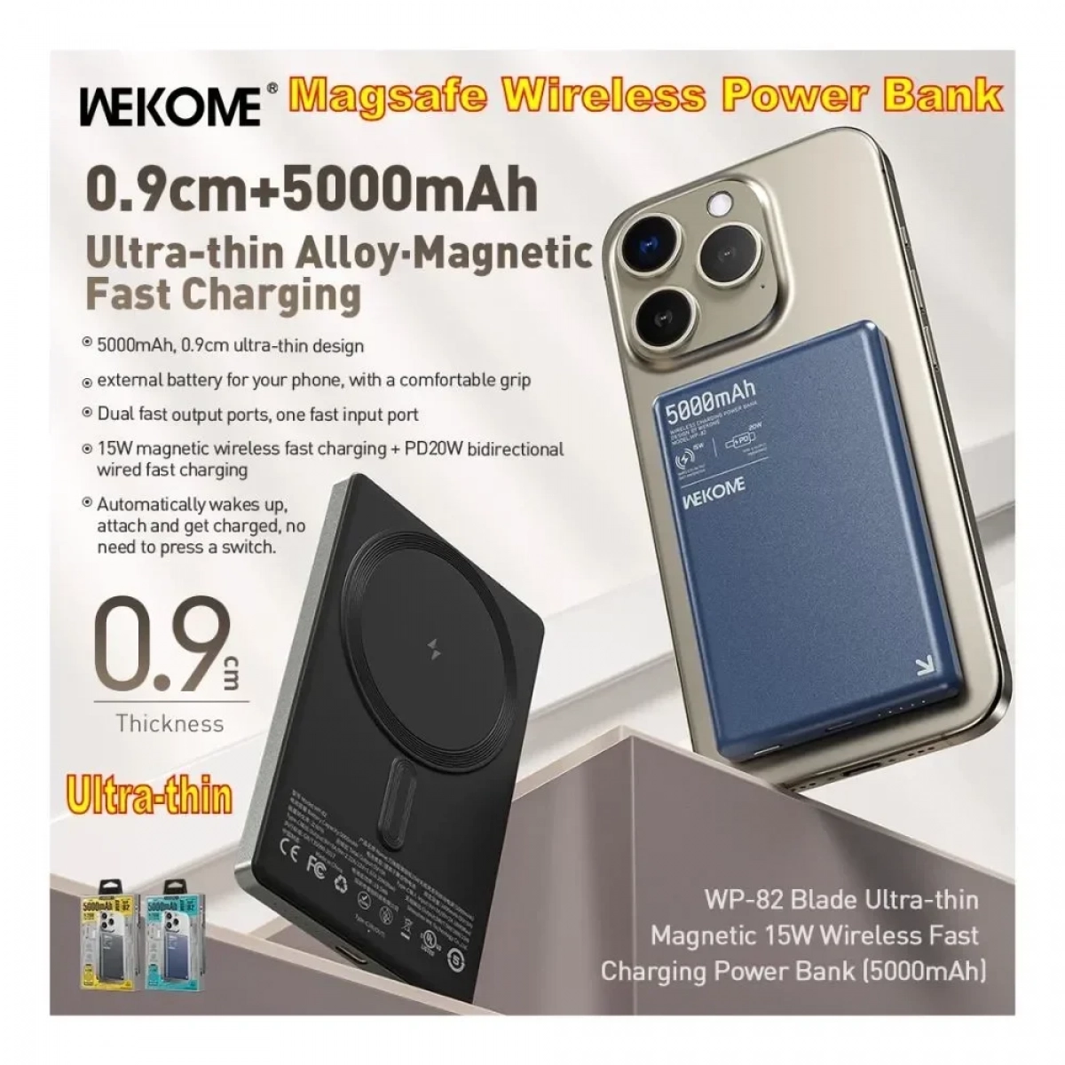 Wekome WP-82 Power Bank Ασύρματης Γρήγορης Φόρτισης 15W 5000mAh & Type-C Θύρες - Μπλε - Photo2