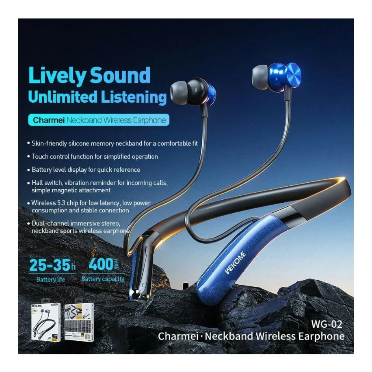 WK WG-02 Earbud Bluetooth Handsfree Ακουστικά Μπλε - Photo2