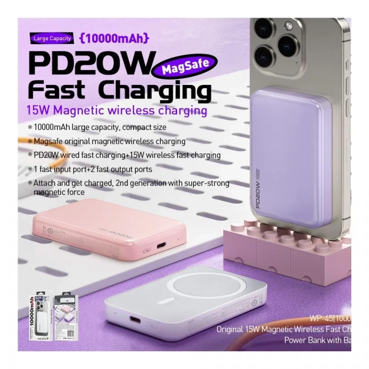WK WP-45 MagSafe Power Bank 10000mAh 20W με Θύρα USB-C Power Delivery Μωβ - Photo2