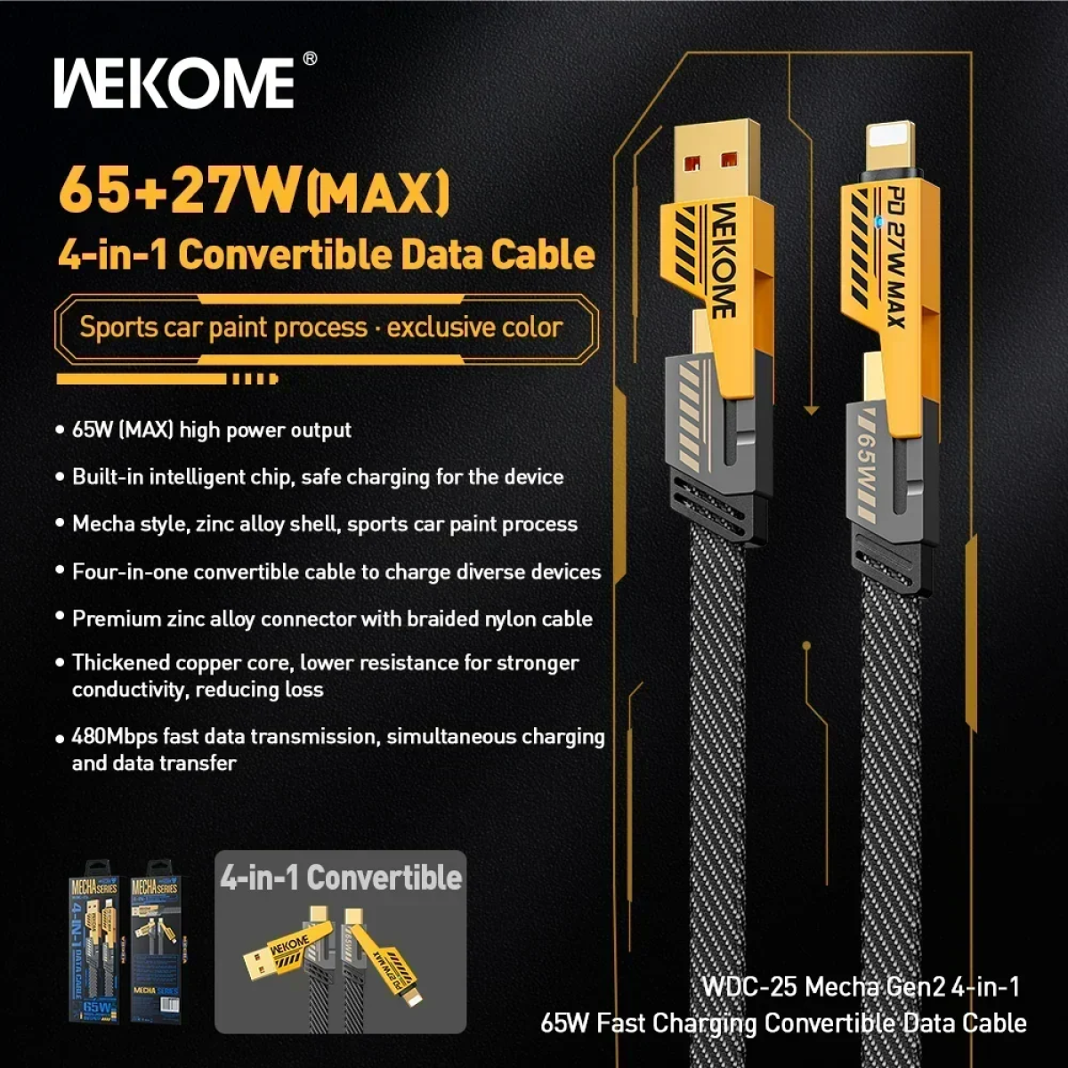 Μετατρέψιμο Καλώδιο Δεδομένων 65W 4 σε 1 USB/USB-C to iPh/Type-C Wekome WDC-25