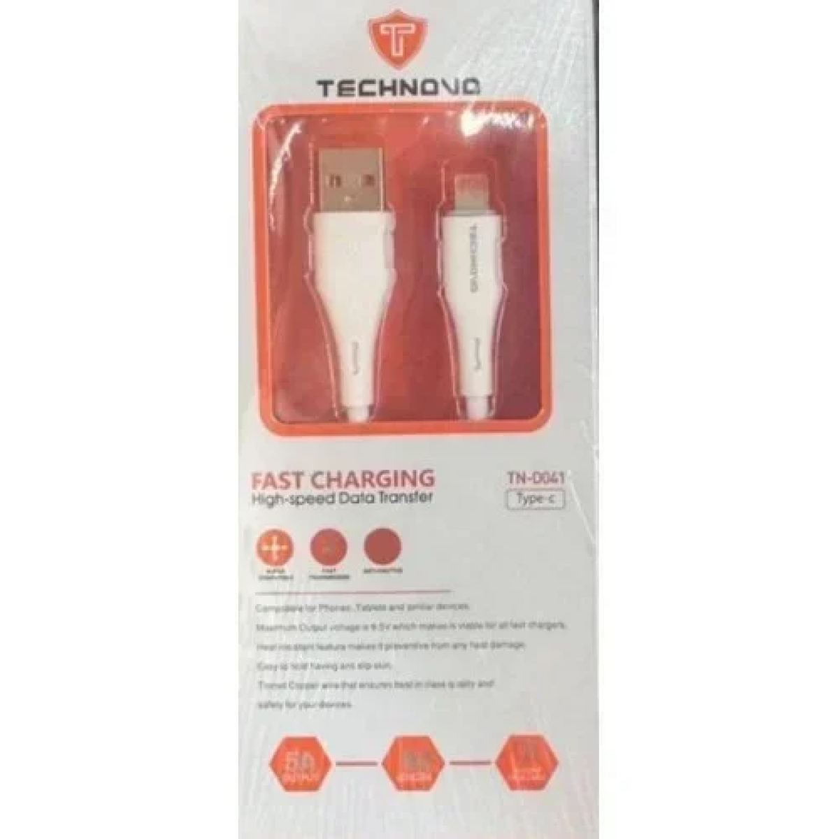 Technovo TN-D041 Καλώδιο USB to Type-C 5Α 1m - Λευκό
