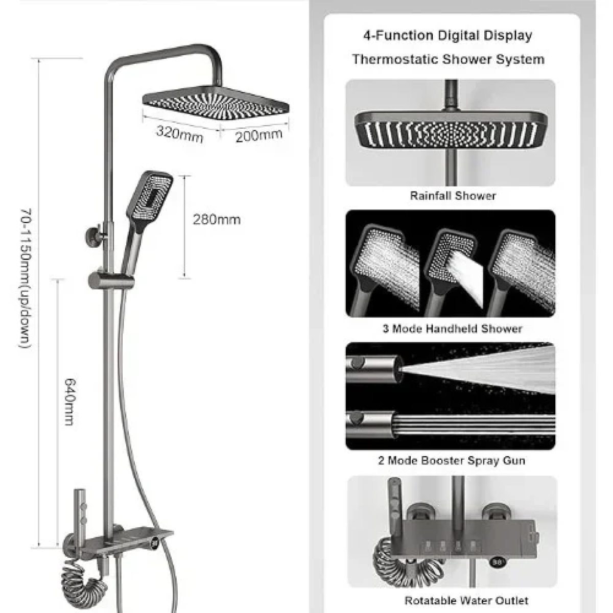 Ρυθμιζόμενη Στήλη Ντουζ με Μπαταρία 80-110cm - Γκρι