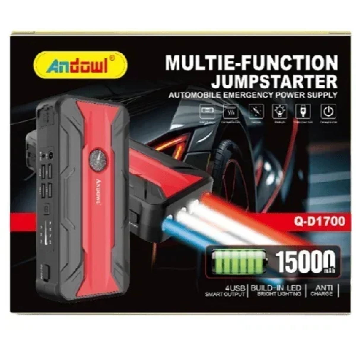 Εκκινητής μπαταρίας αυτοκινήτου με Powerbank & ενσωματωμένο φακό Andowl 15000mAh Q-D1700 μαύρο κόκκινο