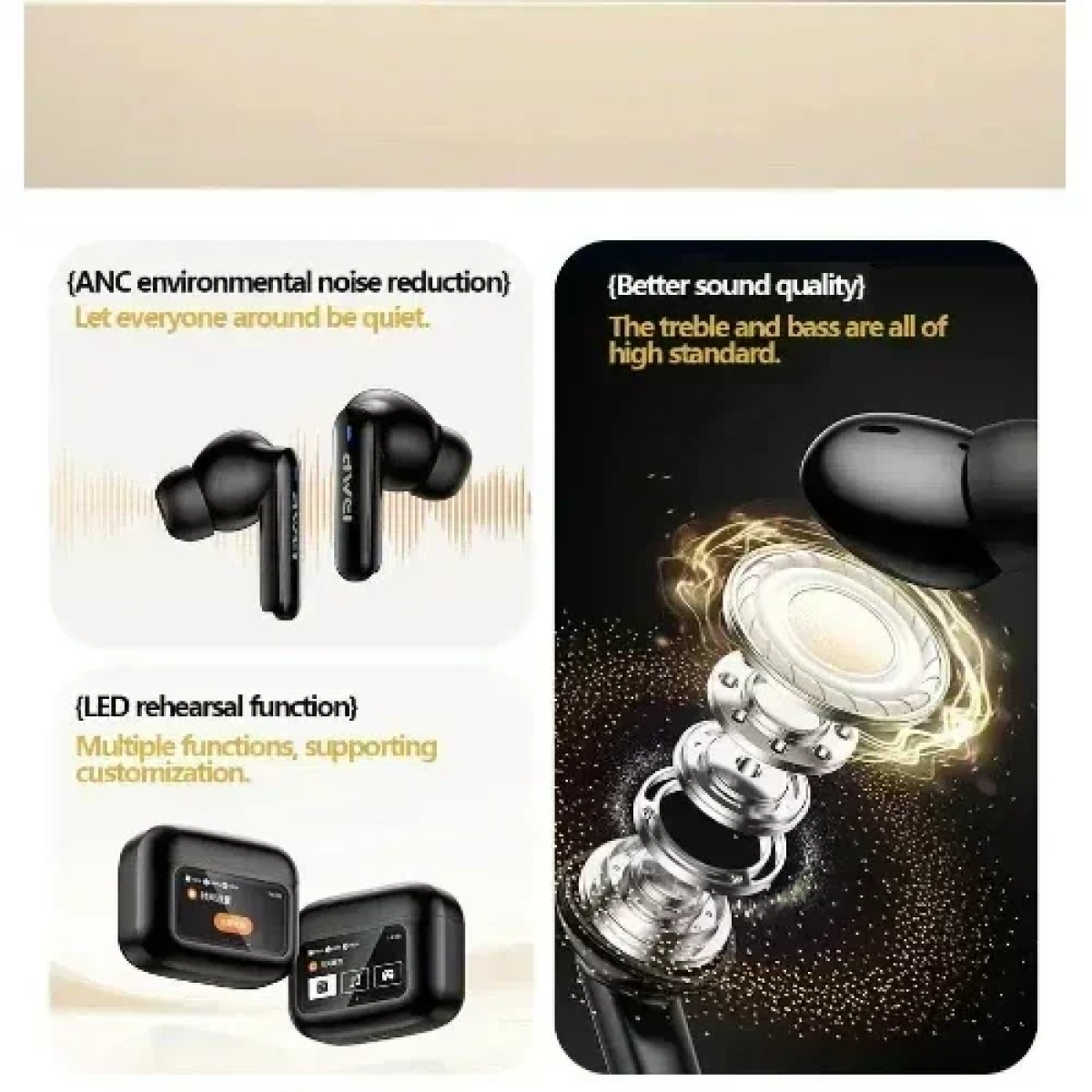 Awei Ασύρματα Ακουστικά Bluetooth V5.4 με LED οθόνη αφής Μαύρα T65 ANC