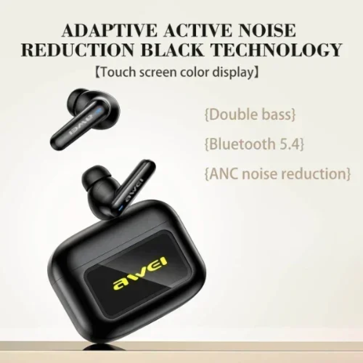 Awei Ασύρματα Ακουστικά Bluetooth V5.4 με LED οθόνη αφής Μαύρα T65 ANC