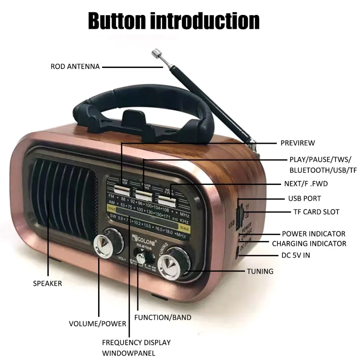 Φορητό Επαναφορτιζόμενο Retro Ραδιόφωνο Bluetooth, USB Golon RX-BT618S Καφέ