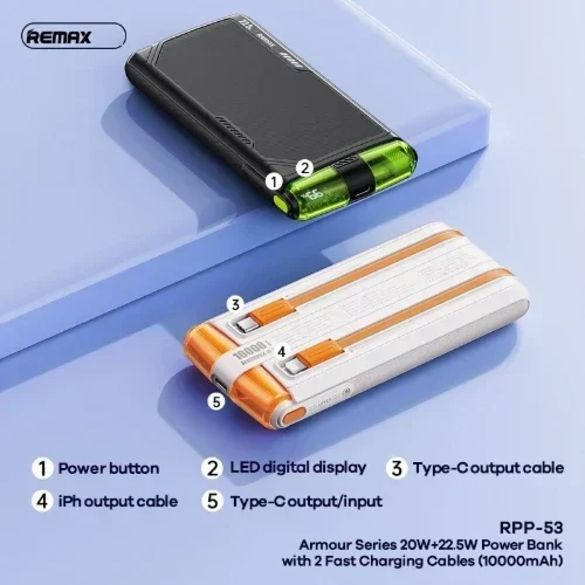 Powerbank Remax Armor Series PD 20W+QC 22,5W με 2 Καλώδια Γρήγορης Φόρτισης 10000mAh RPP-53