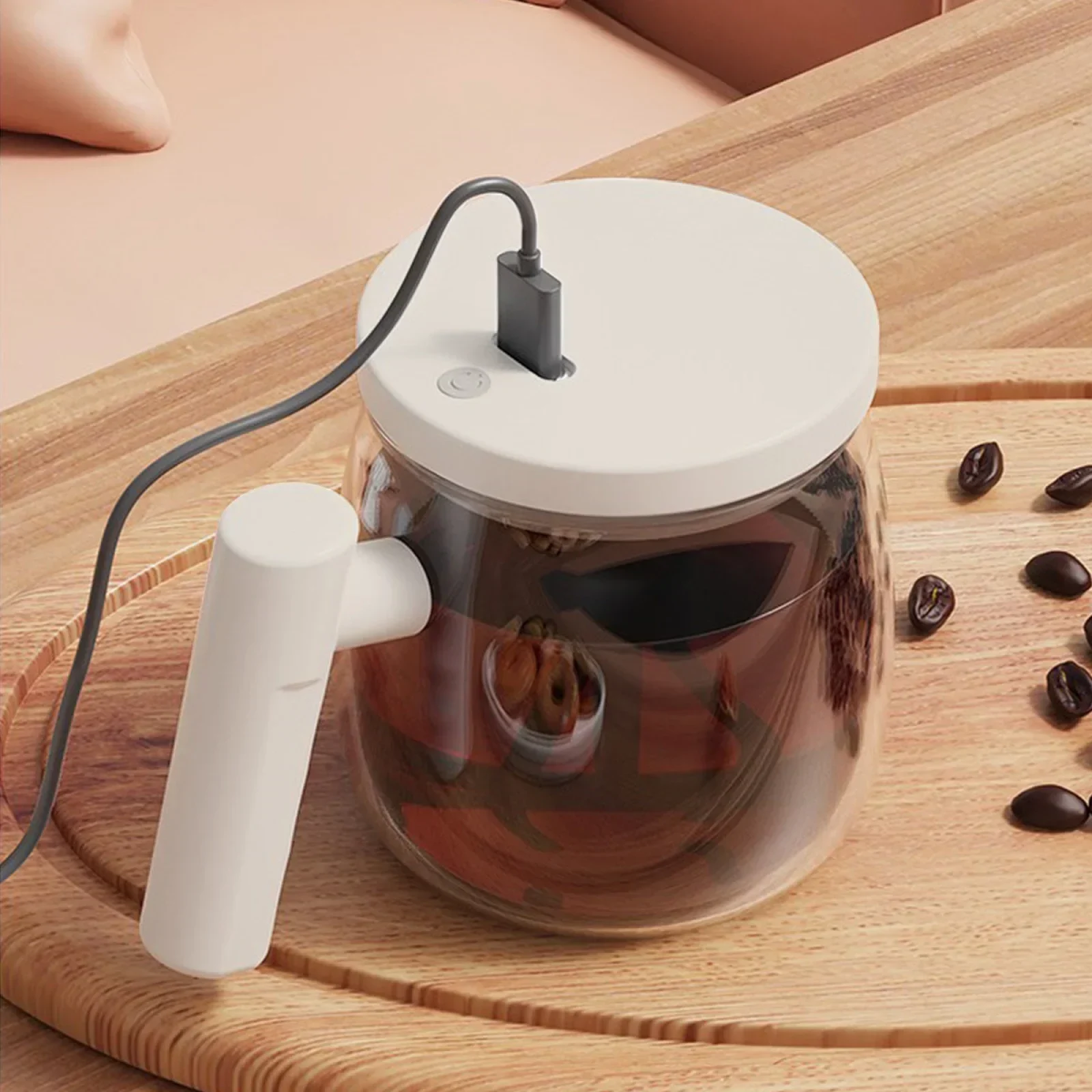 Γυάλινη Κούπα 400ml με αυτόματο αναδευτήρα και καπάκι USB Automatic Mixing Cup - Μπεζ
