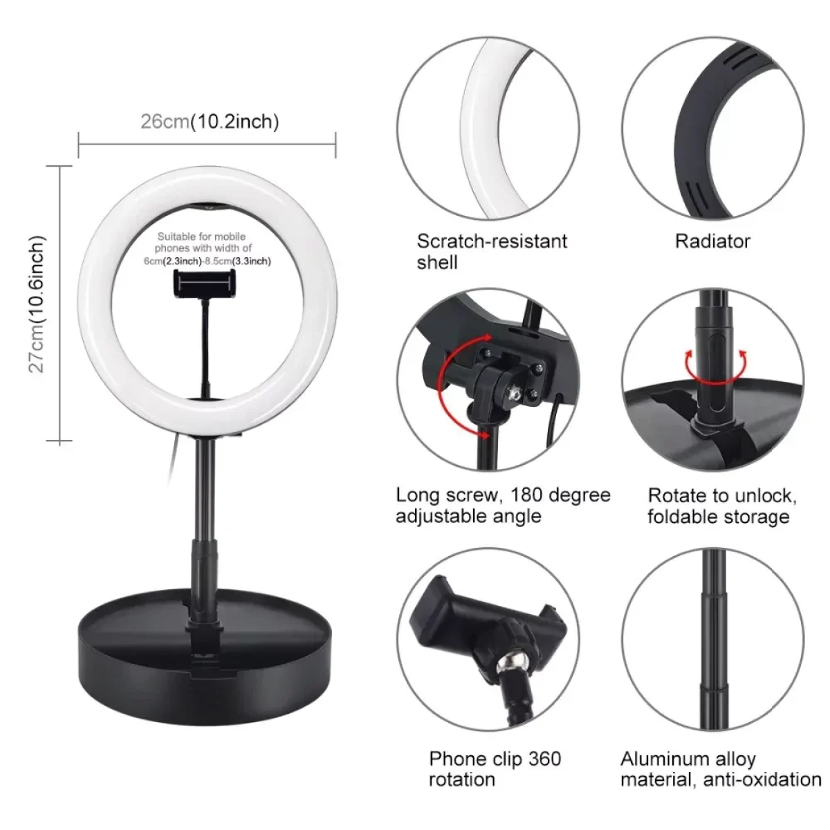 Φωτιστικό Ring LED 10.2″ USB Λευκού Φωτισμού με Τηλεσκοπική Βάση 140cm & Τηλεχειριστήριο Puluz PU480 – Μαύρο