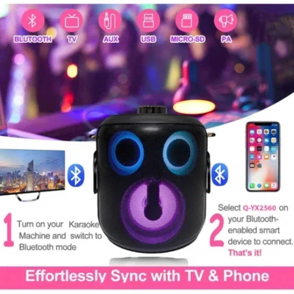 Ασύρματο Ηχείο Bluetooth V5.3 με Φωτισμό LED RGB & 2 Μικρόφωνα Karaoke Andowl Q-YX2560 - Μαύρο