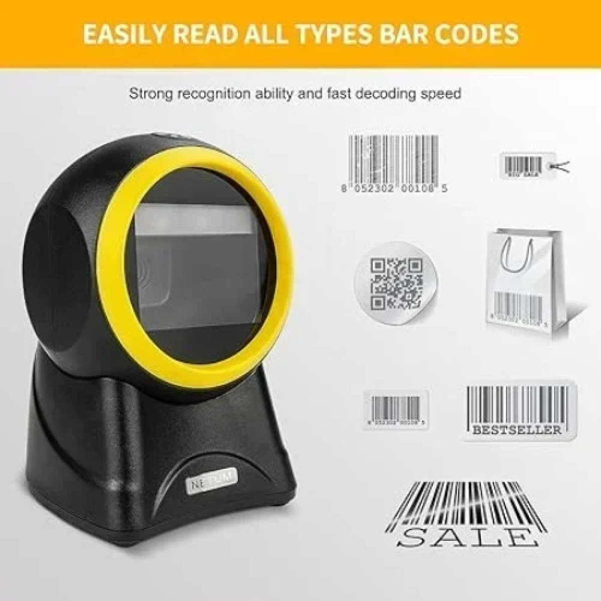 Επαγγελματικός Επιτραπέζιος Σαρωτής QR/Barcode Andowl Q-SM6 – Μαύρο/Kίτρινο