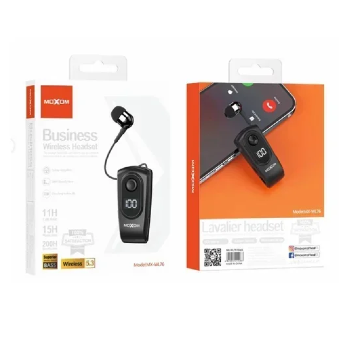 Ακουστικό Bluetooth Handsfree In-ear πέτου με κλιπ Moxom MX-WL76 μαύρο - Image 3